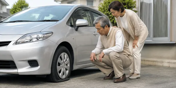 写真の車は、前輪の片側だけが少しつぶれて見えます。まず確認したい日常点検はどれでしょう？